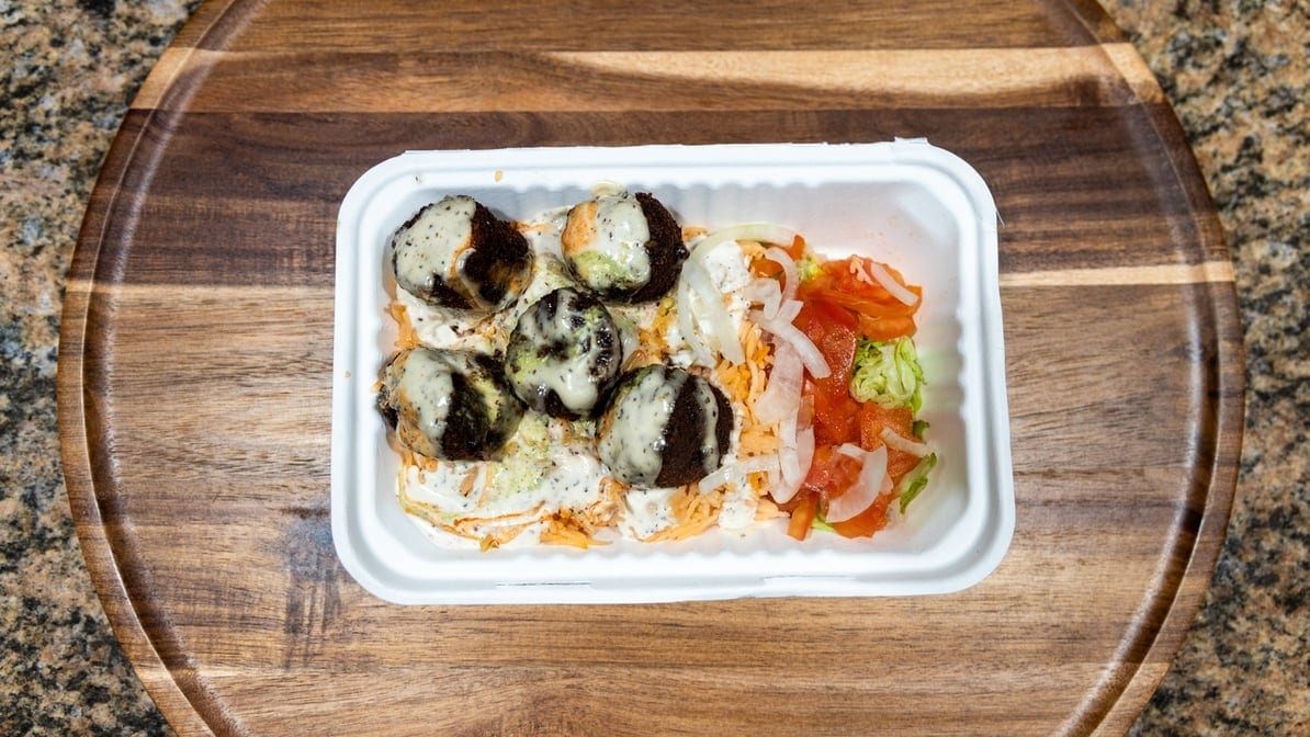 Falafel Over Rice Platter.