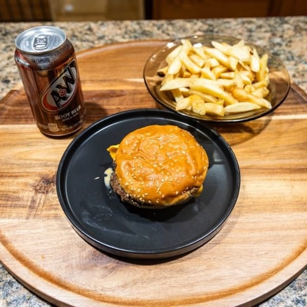 Cheeseburger with fries and an A&W Root Beer can on a wooden serving board.