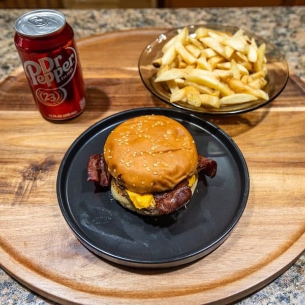 A bacon cheeseburger on a black plate with fries and a Dr. Pepper on a wooden tray.